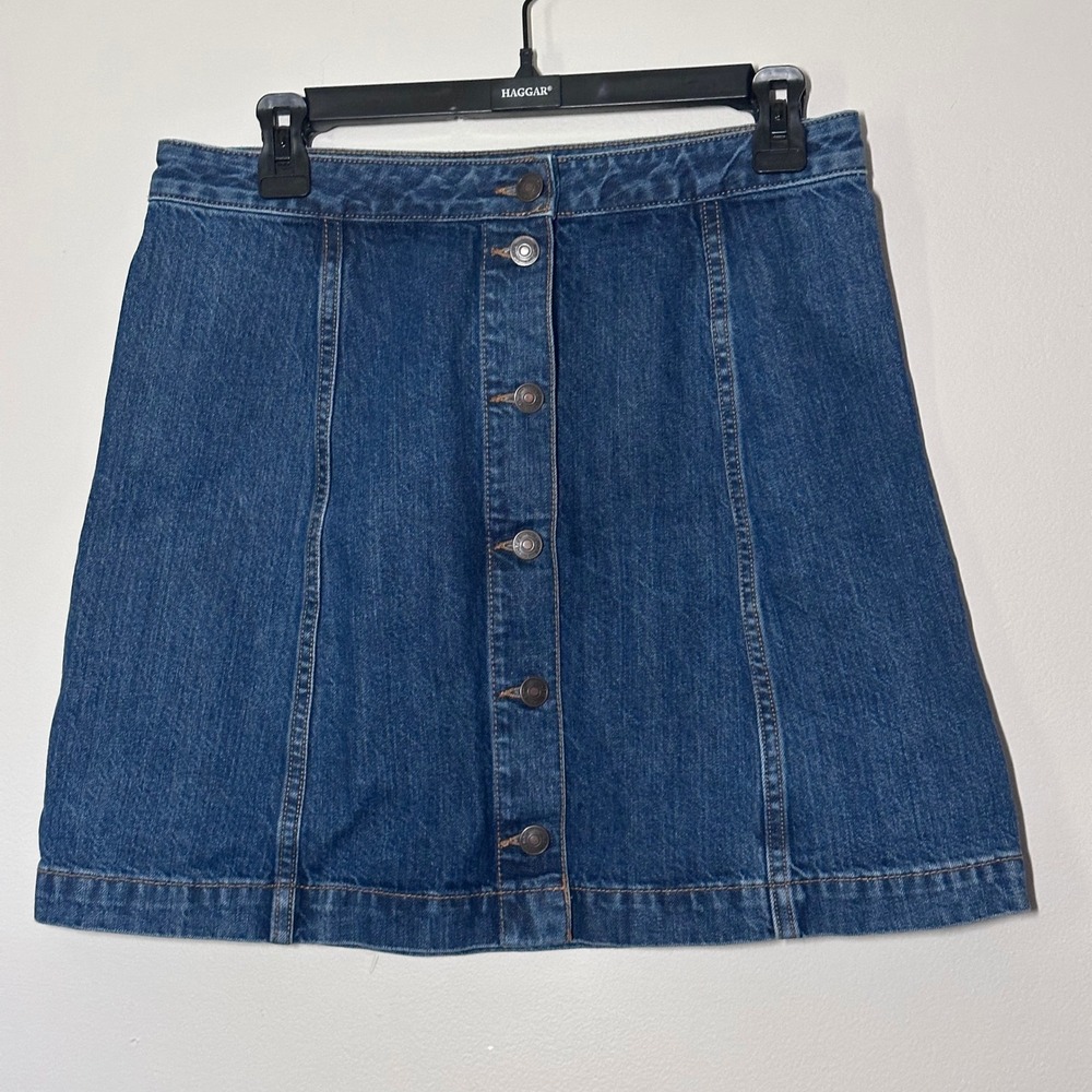 Loft Women Blue Denim Button Front A-Line Mini Skirt Size 4 Medium Wash Y2K